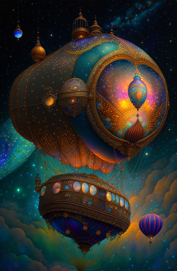 Ornate Fantasy Hot Air Balloons in Starry Night Sky