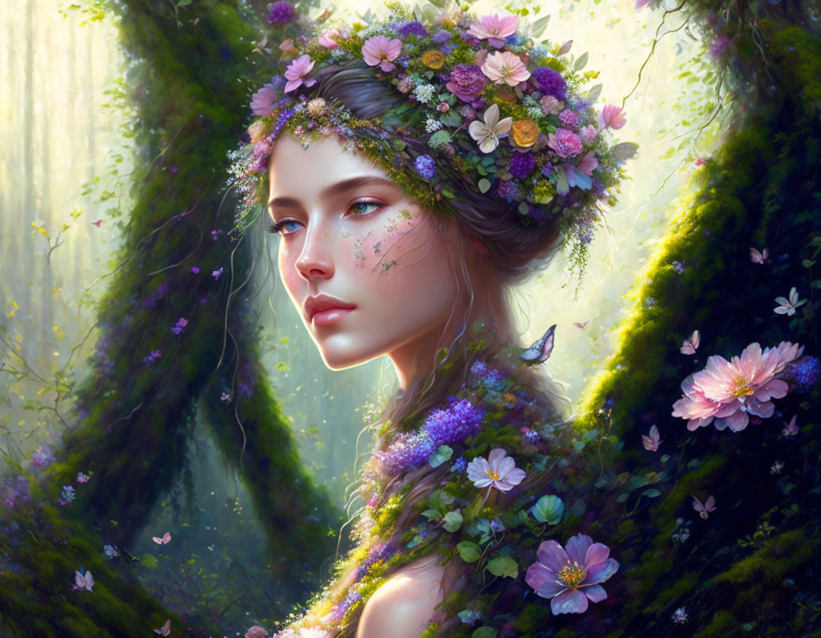 Woman in Flower Crown Surrounded by Forest and Sunlight