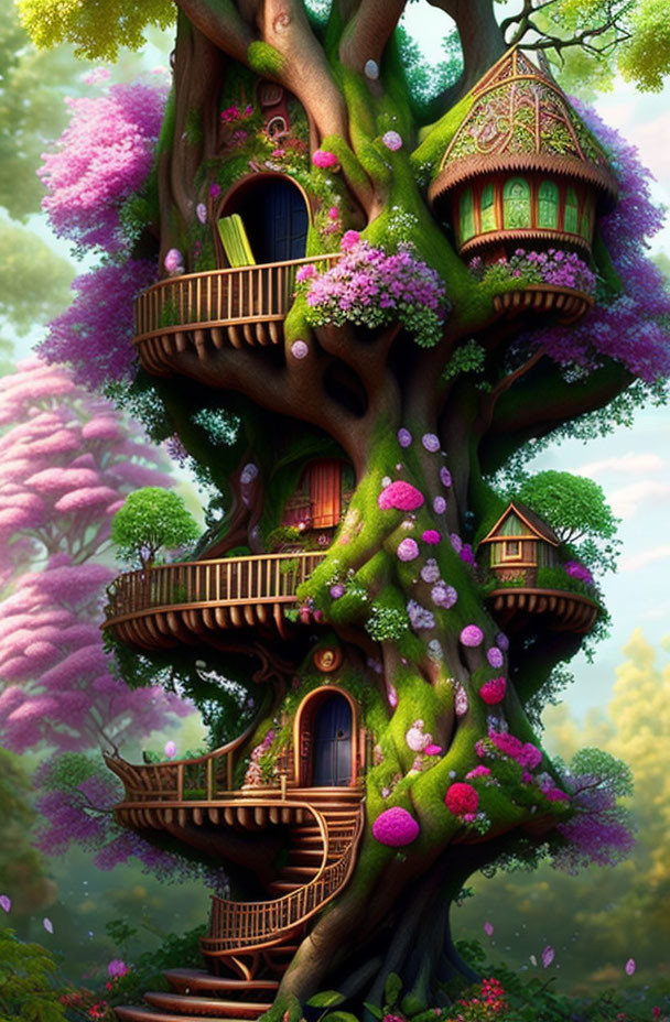 Colorful multi-level treehouse in vibrant forest setting