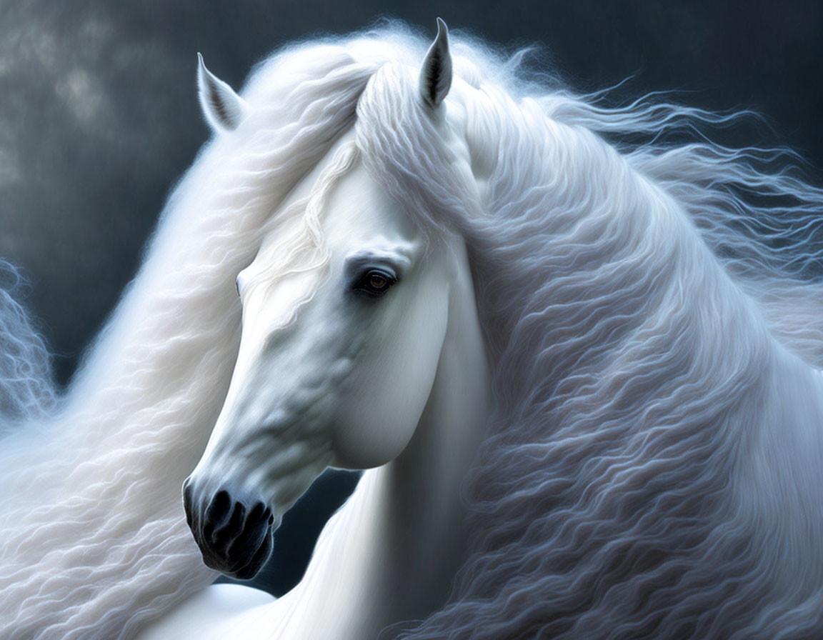 Majestic white horse with flowing mane in misty background