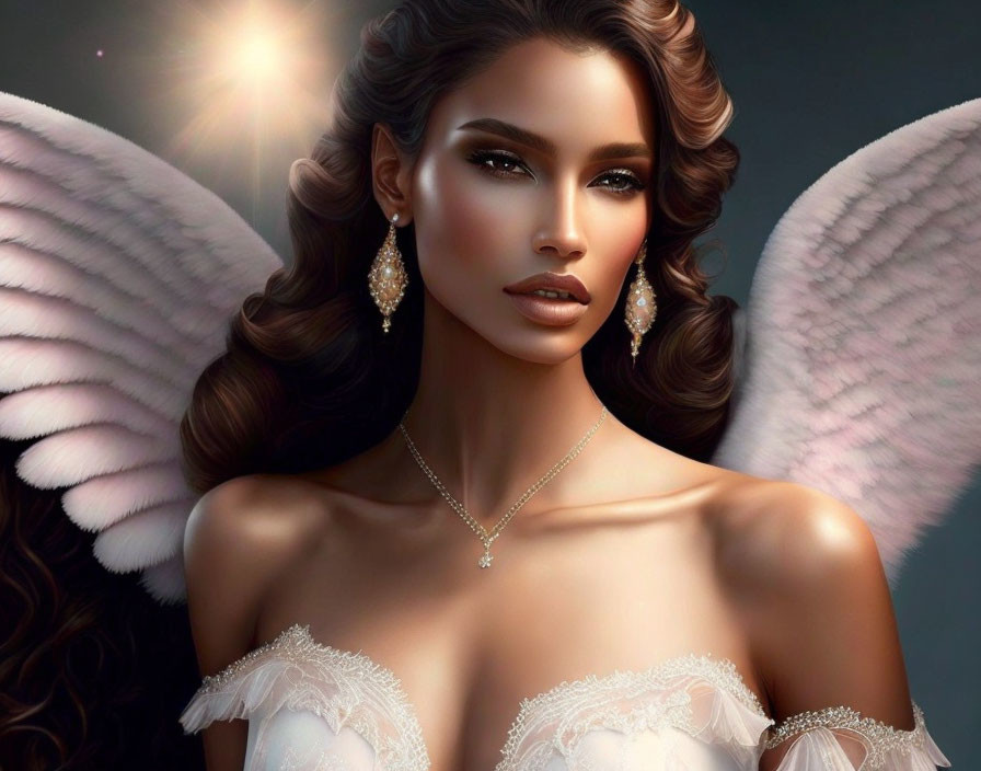 Woman with Angel Wings and Elegant Jewelry in Mystical Setting