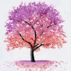 Vibrant cherry blossom tree painting with pink and purple hues and seal stamp