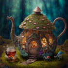 Whimsical mushroom house teapot in enchanted forest