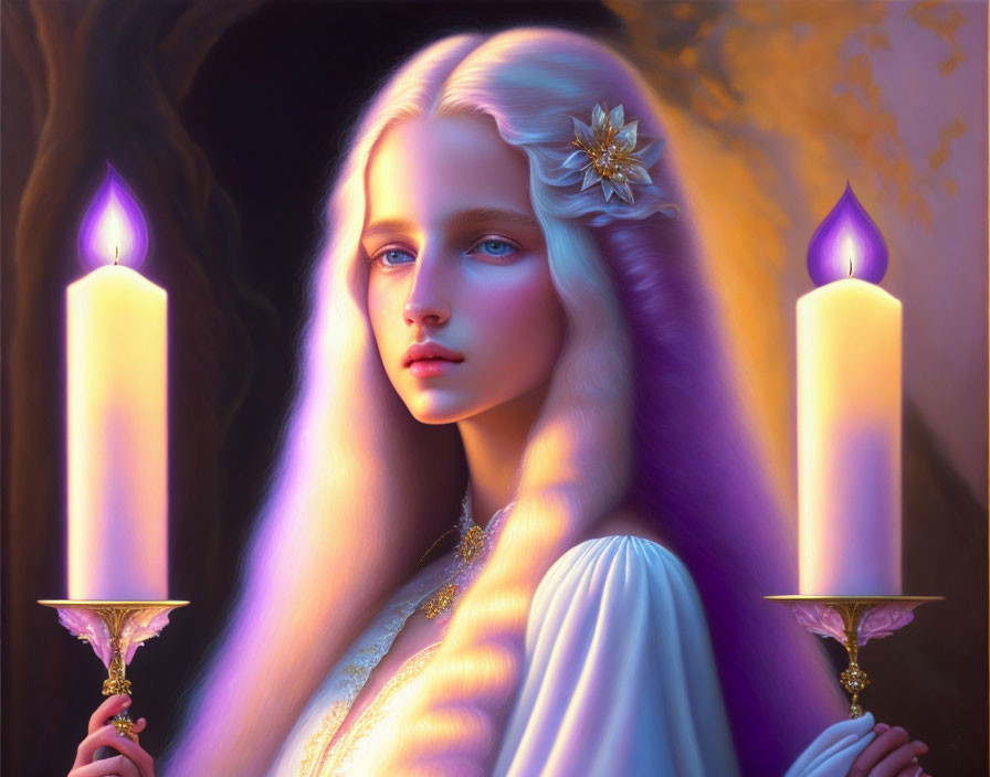 Ethereal figure with pale skin and white hair holding lit candles