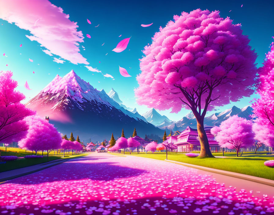 Digital artwork: Vibrant village scene with cherry blossoms, snowy mountain, and pink sky