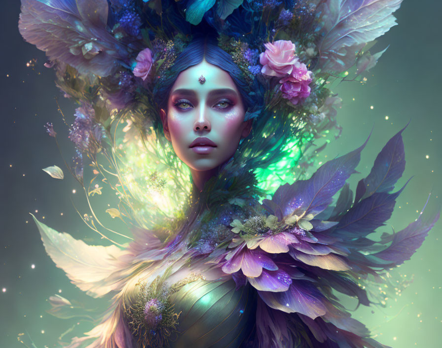 Fantasy portrait of woman with luminous flowers and feathers