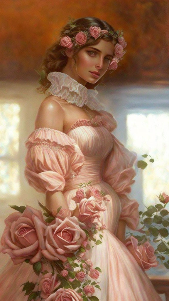 Vintage Pink Dress Woman with Floral Crown in Soft Light