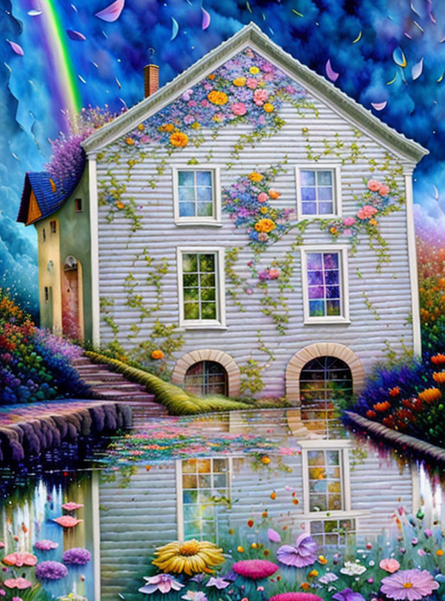 Colorful painting of house with flowers, rainbow, and flying petals