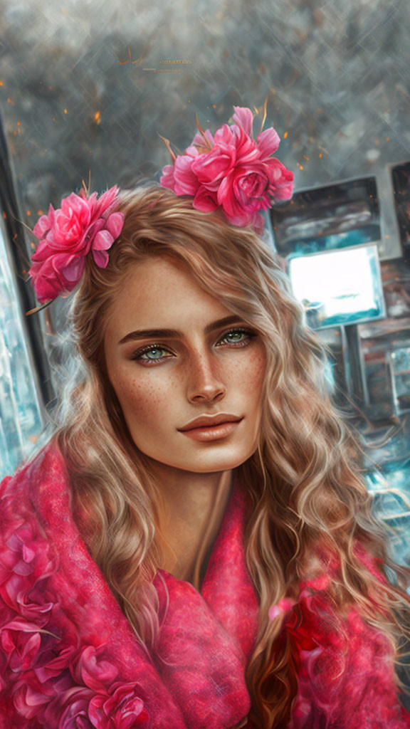 Digital painting of woman with blonde hair, pink flowers, floral scarf, freckles, and green