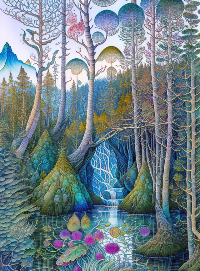 Fantastical forest scene with unique trees, blue stream, and distant mountain