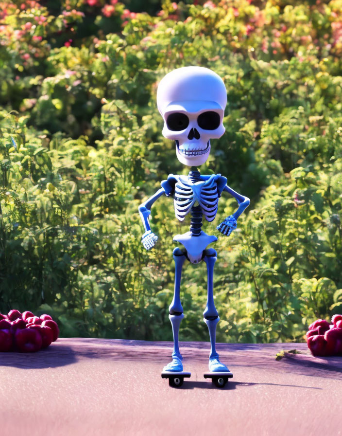 Skeleton in sunglasses on skateboard surrounded by vibrant flowers and plants