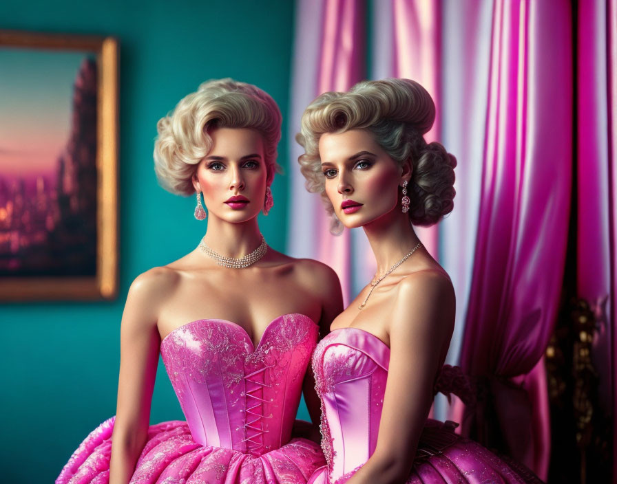 Vintage Pink Dresses: Women with Elaborate Hairstyles in Turquoise Room