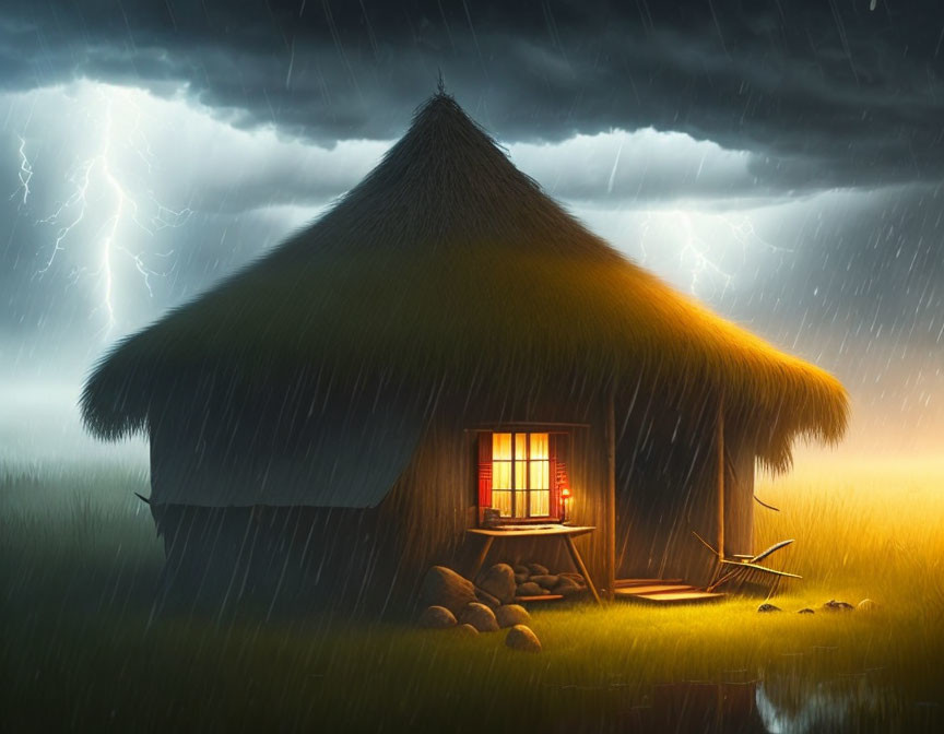 Thatched Roof Cottage in Rainstorm with Lightning