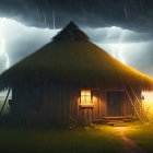 Thatched Roof Cottage in Rainstorm with Lightning