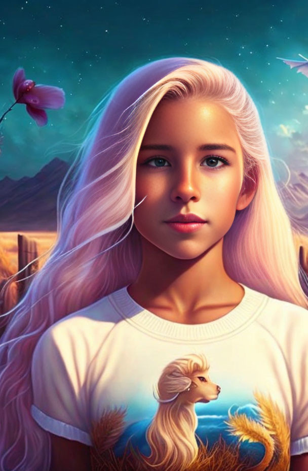 Digital artwork: Young woman with long pink hair in fantastical landscape