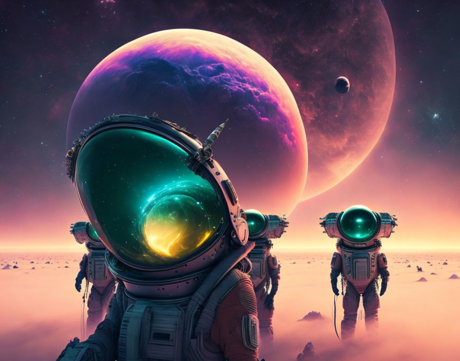 Astronauts on alien planet with reflective visors and colorful sky