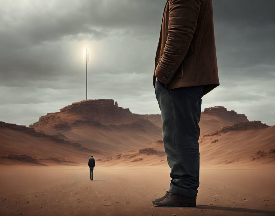 Giant man in coat gazes at tiny figure in desert under single beam of light