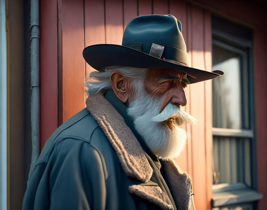 Elderly man with white beard in wide-brimmed hat and fur collar coat gazes away