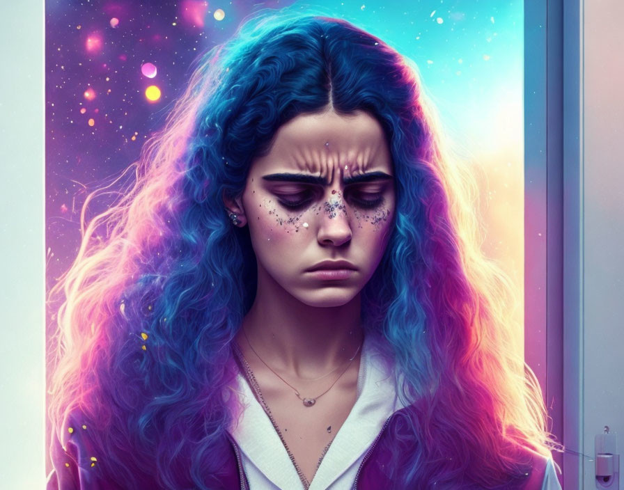 Profile of woman with blue and purple hair in cosmic reflection