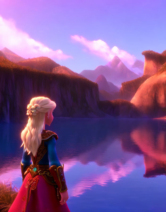 Blonde animated character in blue and red outfit gazes at tranquil pink landscape with mountains reflecting in calm