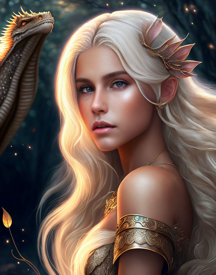 Fantasy portrait of woman with blonde hair, pointed ears, and dragon in magical setting