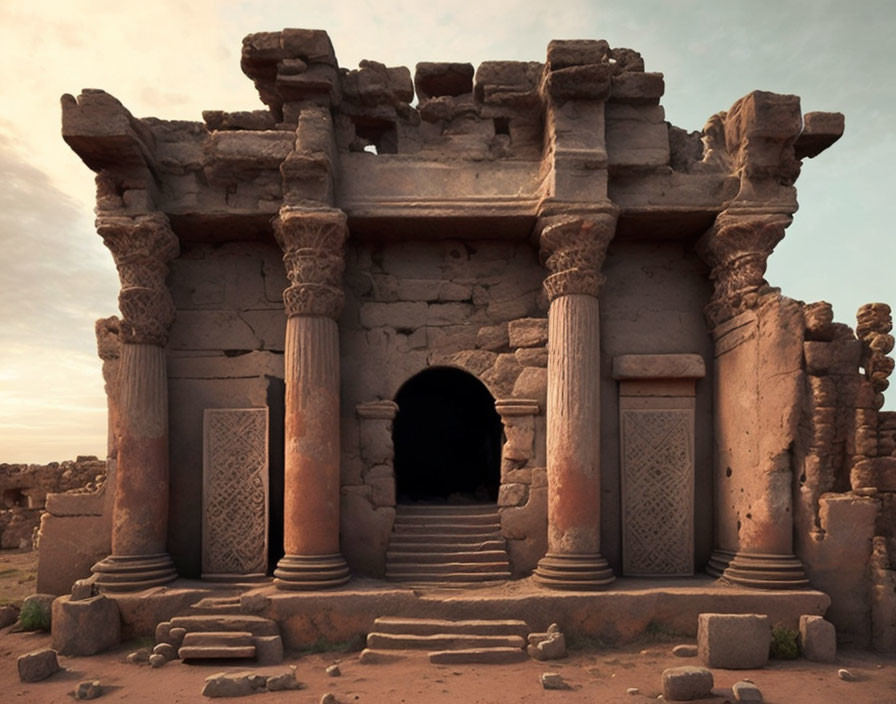 Ancient Stone Temple with Ornate Columns in Dusky Ruins