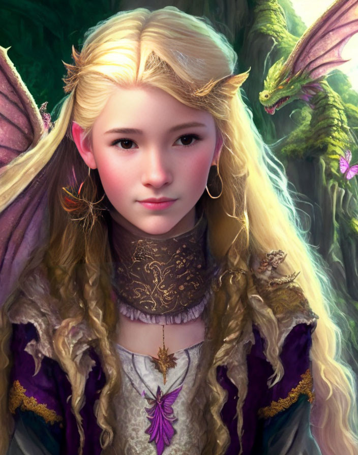 Fantasy digital artwork of blonde elf woman with dragons in magical forest