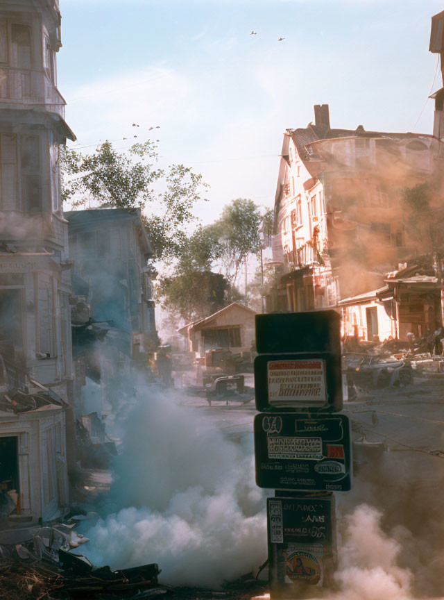 Urban street scene with damaged buildings and debris.