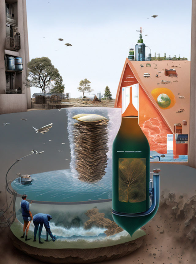 Surreal artwork: Bottle with layered ecosystem, observers, indoor-outdoor blend