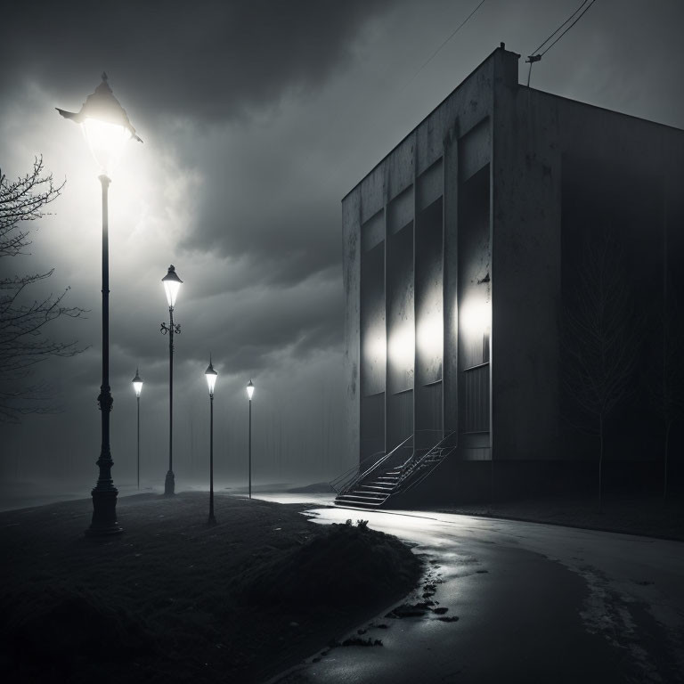Moody night scene with illuminated street lamps, modern building, and mysterious foggy atmosphere