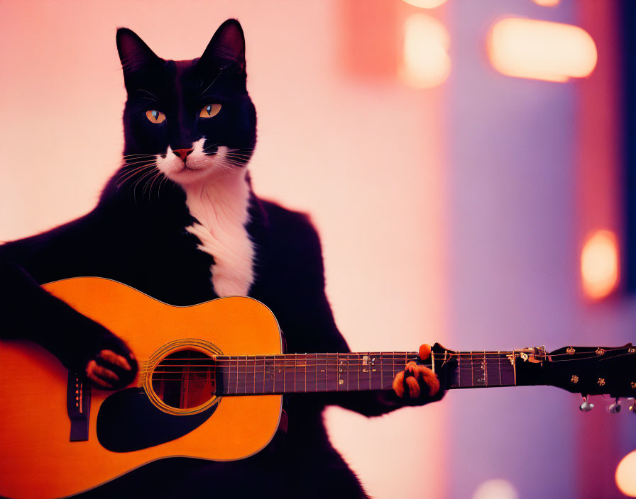 Cat-human hybrid with guitar in black and white against pink and orange backdrop