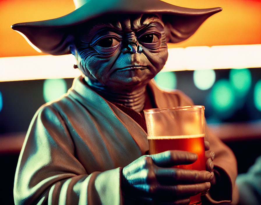 Green-skinned character in robe and hat holding glass in bar setting