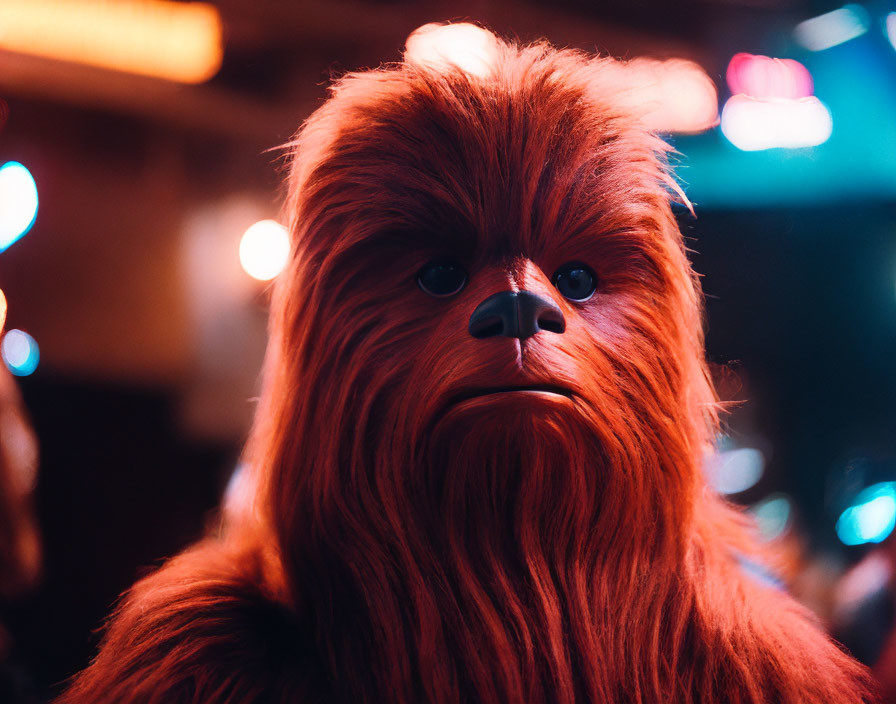 Detailed Chewbacca Costume at Themed Event with Dim Lighting