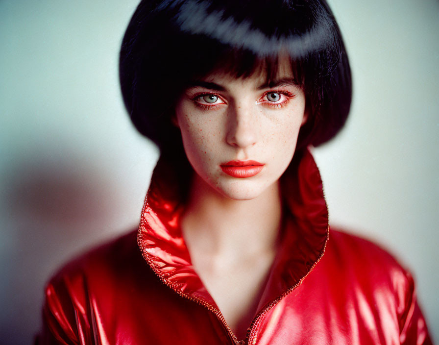 Woman with Short Black Bob and Red Jacket in Soft-focus Background