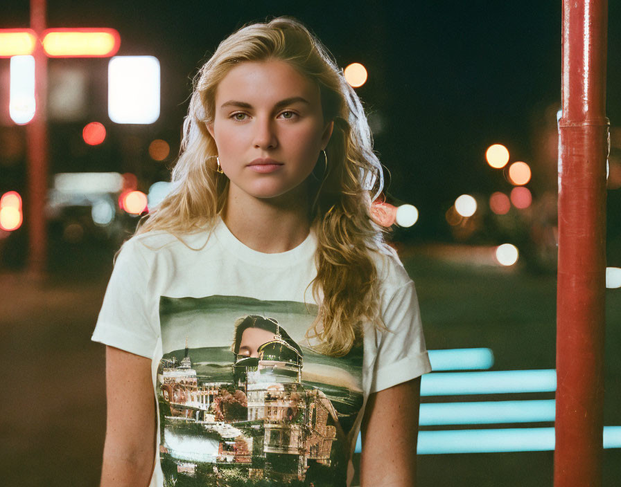 Young woman in graphic tee gazes into neon-lit night scene