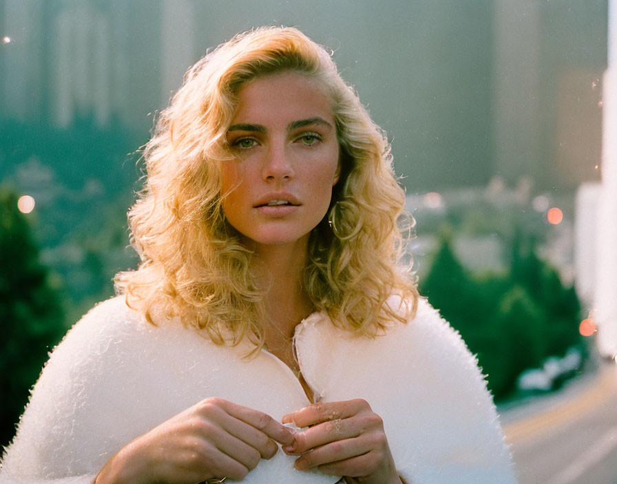 Blonde Woman in White Fluffy Coat Against City Background