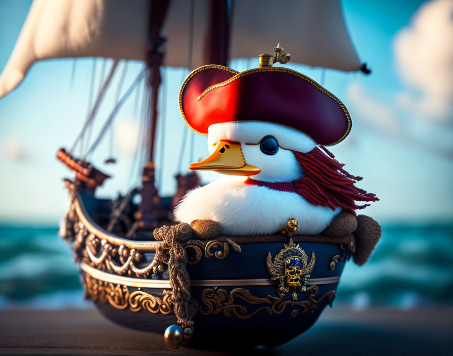 Rubber duck pirate captain on miniature ship in water