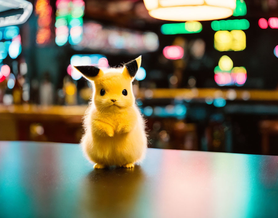 Plush Pikachu Toy on Shiny Surface with Colorful Lights