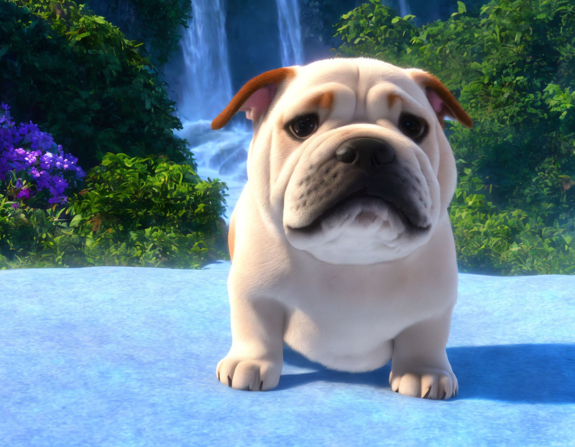 Curious bulldog puppy in front of lush waterfall landscape