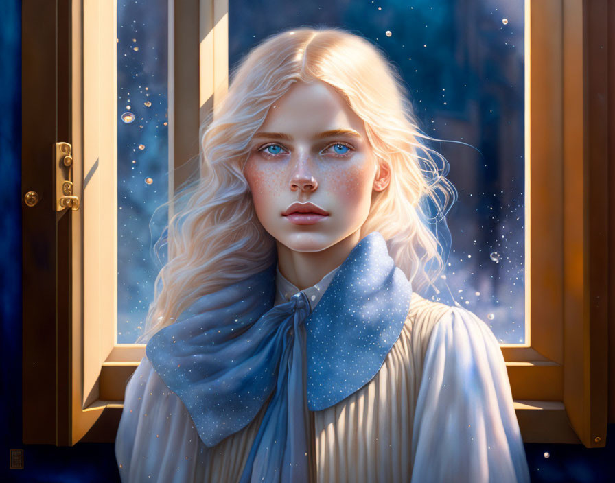 Digital painting of pale-skinned woman with blue eyes and long blonde hair in starry cloak against window