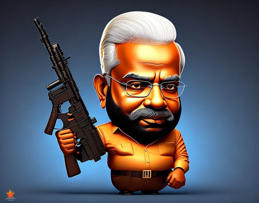 Bearded man in caricature with rifle, blue background