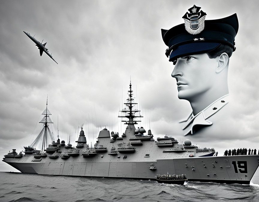 Naval Officer Profile with Warships and Plane in Stormy Seascape