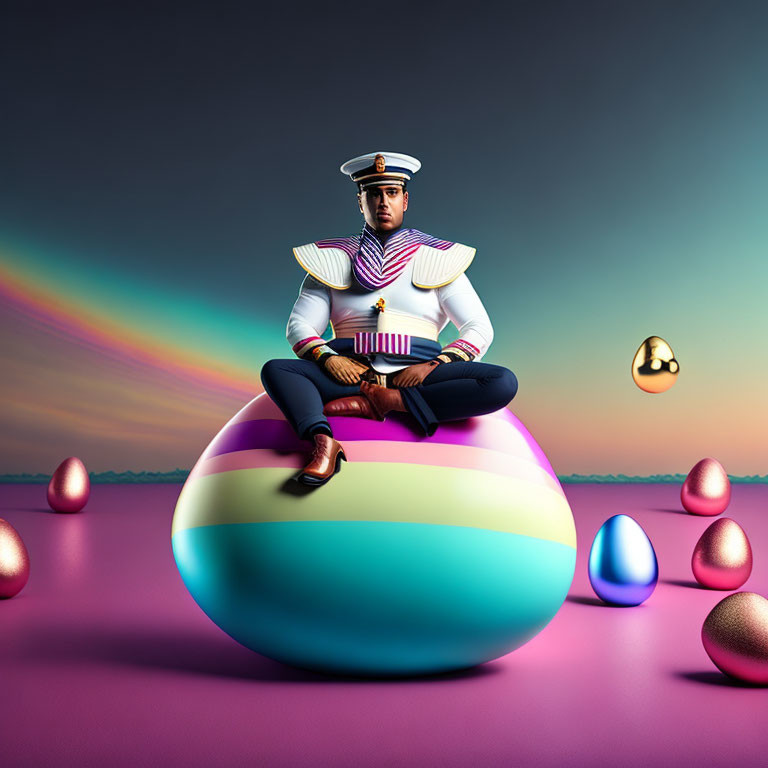 Naval uniform person on colorful sphere in surreal setting with glowing eggs