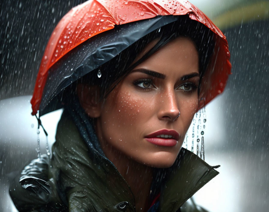 Woman in red and black umbrella hat caught in rain with water droplets on face