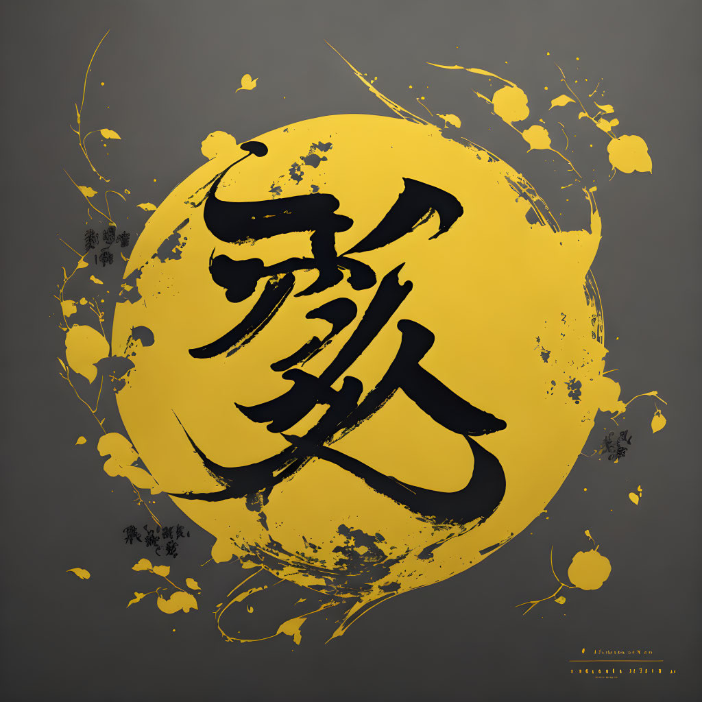 Yellow and Black Calligraphy Artwork with Asian Characters on Gray Background