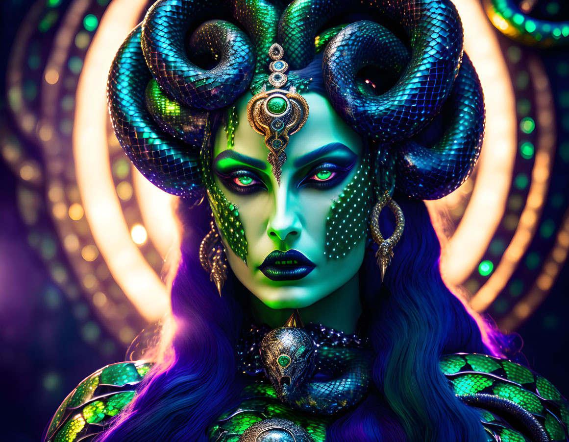 Colorful portrait of a woman with green skin and serpent-like hair in dramatic makeup against a vibrant backdrop