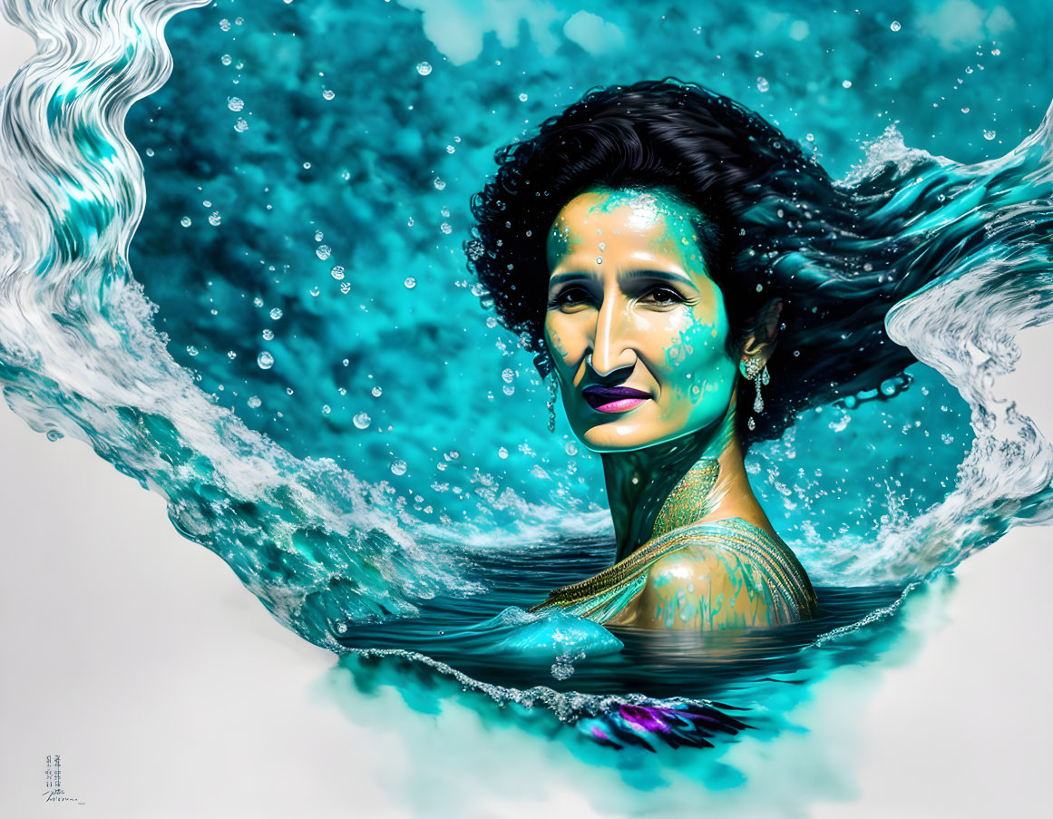 Dark-haired woman emerges from water in surreal digital artwork