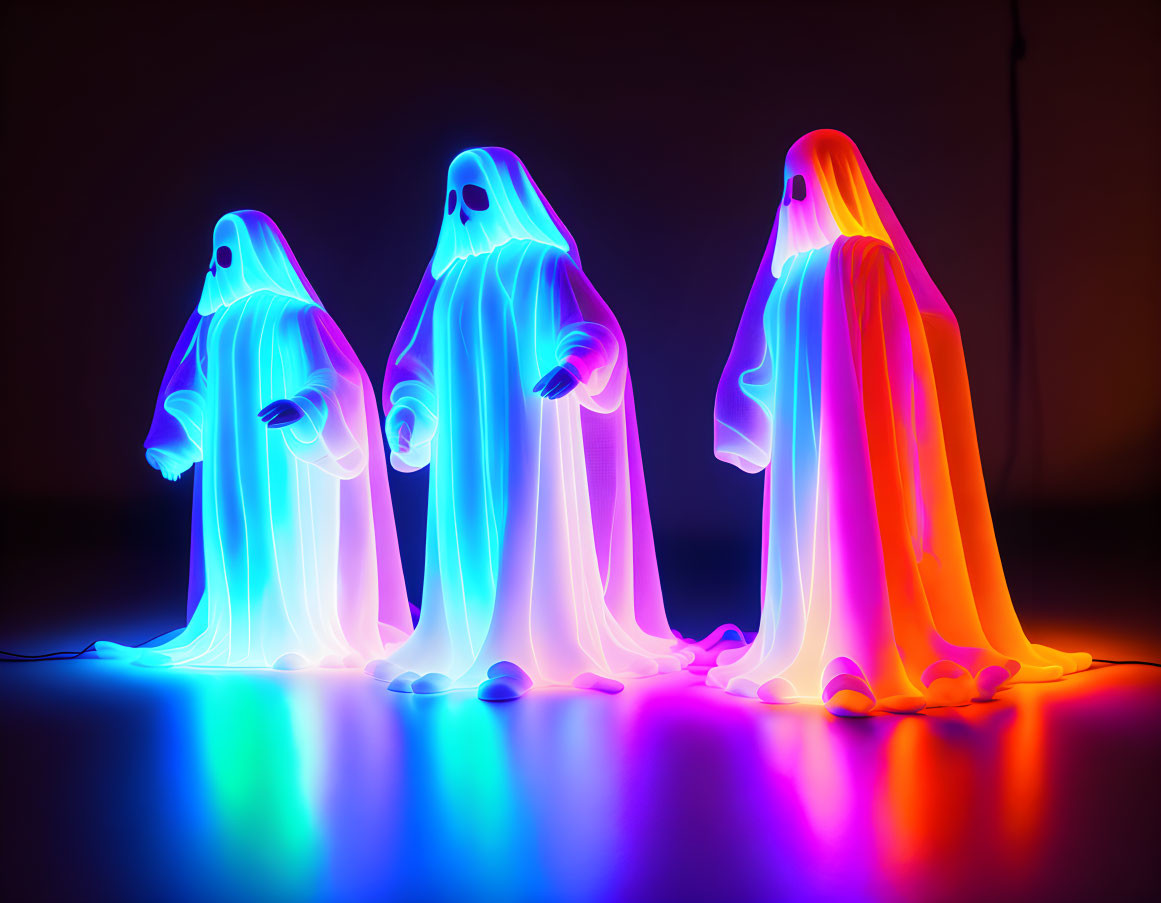 Three illuminated ghost decorations in blue, purple, and orange hues on dark background