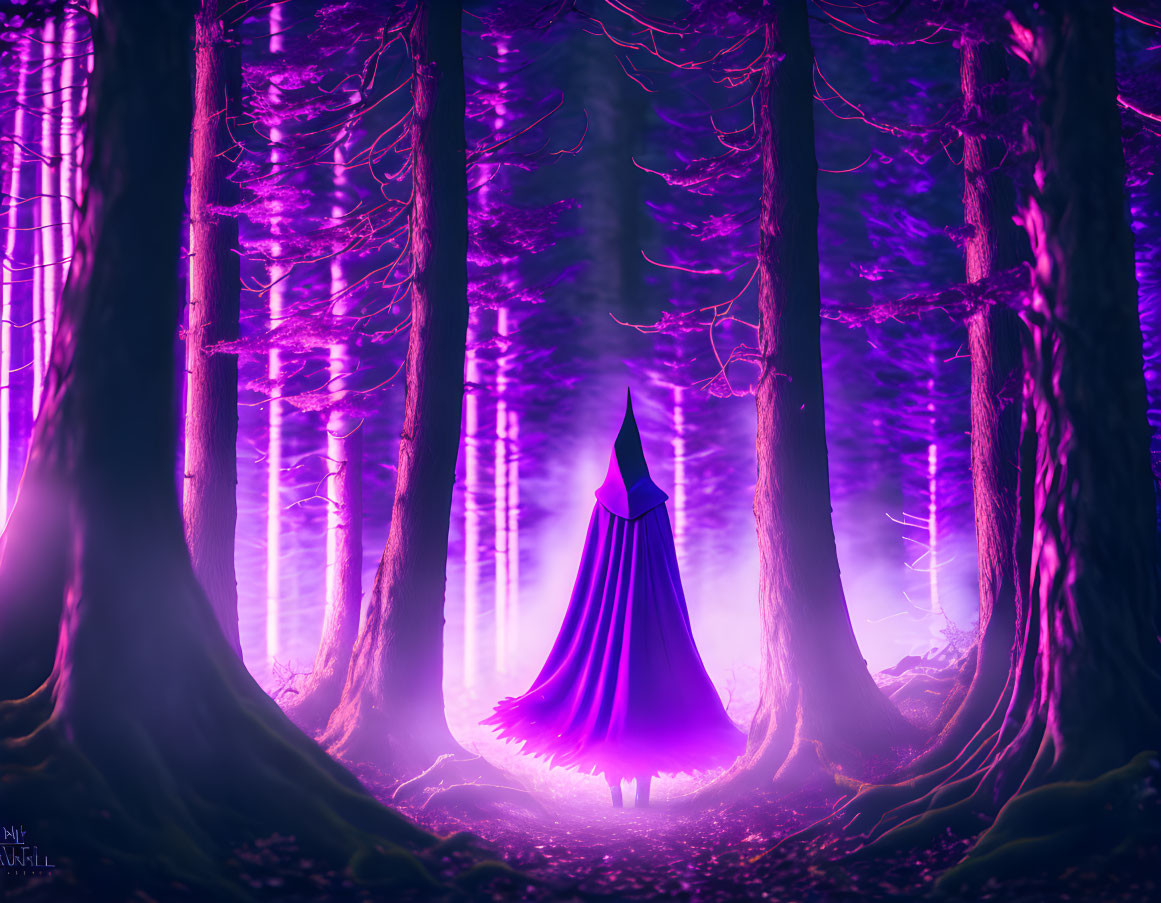 Mystical figure in purple cloak in vibrant forest with ethereal lights