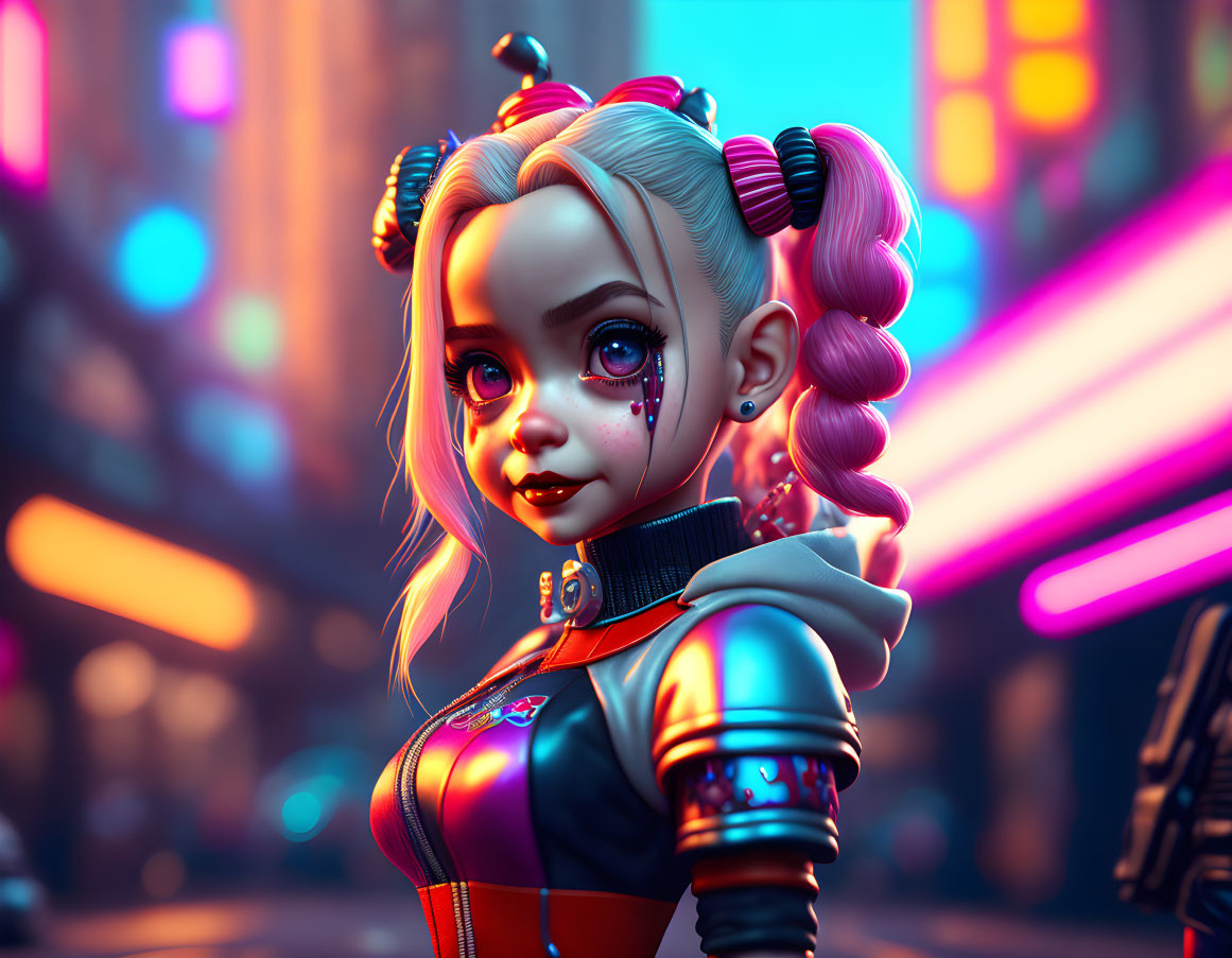 Animated female character with intricate tattoos in futuristic attire against neon-lit cyberpunk city.